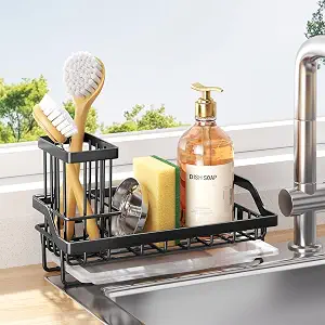 Consumest Sponge Holder for Kitchen Sink - Kitchen Sink Caddy Organizer with Removable Drip Tray for Countertop Dish Soap Dispenser Brush Storage Accessories 304 Stainless Steel - Black