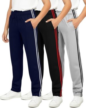 3 Pack Boys' Tricot Sweatpants Open Bottom Kids Teen Athletic Pants Pockets Available in Sizes 5-16, Youth Activewear, Basketball, Track, Sports, Hiking, Jogging, Back to School, Workout, Gym