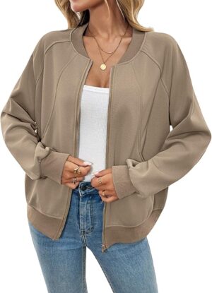 Sweatshirt Jacket for Women Ribbed Collar Full Zip Long Sleeve Fall Coat