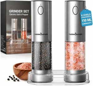 ThermoMaven Upgraded Larger Capacity Electric Salt and Pepper Grinder Set, 110ml Rechargeable Salt and Pepper Shaker with LED Light, Stainless Steel Automatic Pepper Mill with 6 Adjustable Coarseness