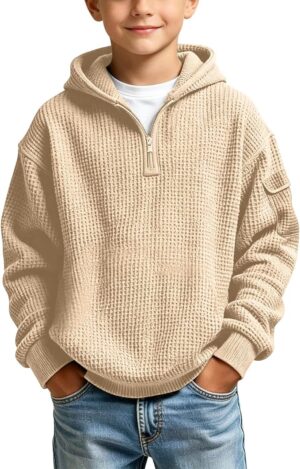 Hoodies for Boys Quarter Zip Waffle Knit Pullover Hooded Sweatshirt Tops 3-14 Years,Kids Zip Long Sleeve Hoodie,Teen Boy Fashion Fall Winter Casual Sweatshirts,Back to School Clothes