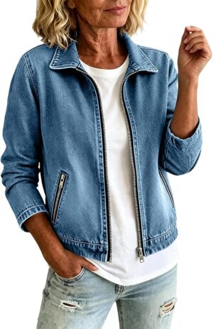Women Cropped Stretch Jean Jacket Collared Zip Up Pullover Sweatshirt
