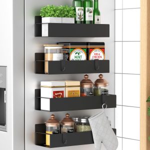 HuggieGems Metal Magnetic Spice Rack for Refrigerator Black, 4 Pack | Magnetic Shelves Heavy Duty for Fridge in Kitchen, Seasoning Storage Organizer, For Oven Washer and Dryer, For Heavier Items