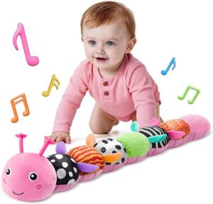 HEMRLY Baby Gifts Toys, Musical Stuffed Caterpillar Toys with Soft Teether Interactive Sensory Toy with Rattle for Tummy Time, Infant Car Seat Toy for 0-3-6-12 Months Boys Girls Gifts - Spotted Pink