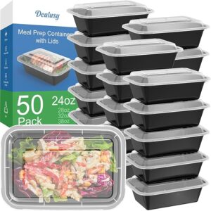 Dealusy 50 Pack (100-Piece) 24 oz Meal Prep Containers Reusable with Lids Sturdy Leakproof & Food Safe, Microwave, Freezer, Dishwasher Safe Prep Containers, To Go Take Out Plastic Food Storage