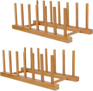 SAMEBUTECO Bamboo Wooden Dish Racks Plate Stand Holder Vertical Drainer Kitchen Cabinet Organizer for Dish, Pots, Lids, Bowls, Cups, and Cutting Boards and Books(2 Packs)