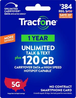 Tracfone $384 Unlimited Talk & Text Plus 120 GB of Data Annual Prepaid Plan(Physical Delivery)