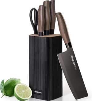 Astercook Knife Set, 6-Piece Kitchen Knife Set with Block, High Carbon Stainless Steel Ultra Sharp Kitchen Knives, Wood Grain Handle, Dishwasher Safe Knife Block Set, Black, Kitchen Utility Knives