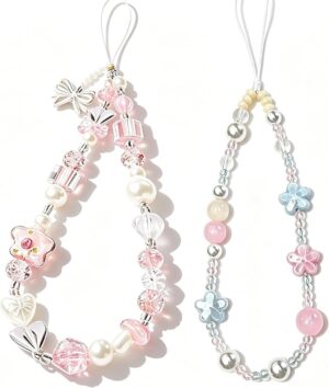2 Pcs Phone Charm Strap Hand for iPhone Wrist Strap Camera Lanyard Pearl Beaded Cute Chain String Accessories Universal for iPhone 17 Pro Max 16 15 Samsung Women Girls Keychain Bow Flower Blue Flower