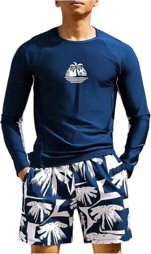 SOLY HUX Mens 2 Piece Bathing Suit Swimsuit Rash Guard Long Sleeve Swimming Shirt and Shorts, Swim Set, Swimwear