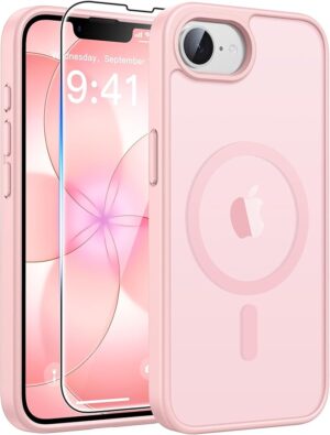 FNTCASE for iPhone 17e/ iPhone 16e Case, Fit for Magsafe, Screen Protector Translucent Matte Magnetic Back, 14FT Military Grade Drop Protection, Shockproof Protective Phone Cover, Light Pink