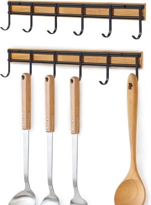 Kitchen Utensil Hanger, 2 Set Wall Mount Kitchen Hooks for Hanging Utensils | 15.2'' Organizer Rack; Heavy Duty, 6 Hooks; Stylish and Well Made; Easy Installation, Space-saving