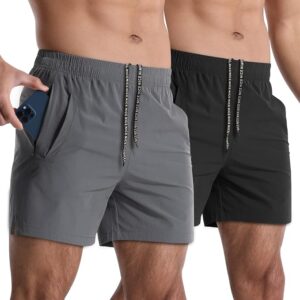 2 Pack Mens Athletic Shorts 5" Gym Workout Running Zipper Pockets Quick Dry, Unlined, Lightweight, Moisture Wicking, Side Split, Inner Drawstring, Active Sports Exercise