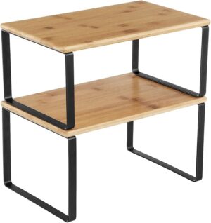 SONGMICS Cabinet Organizer Shelf, Set of 2 Spice Rack, Kitchen Storage Kitchen Counter Storage Spice Rack, Bamboo, Steel, Yellow and Black, UKCS02NB