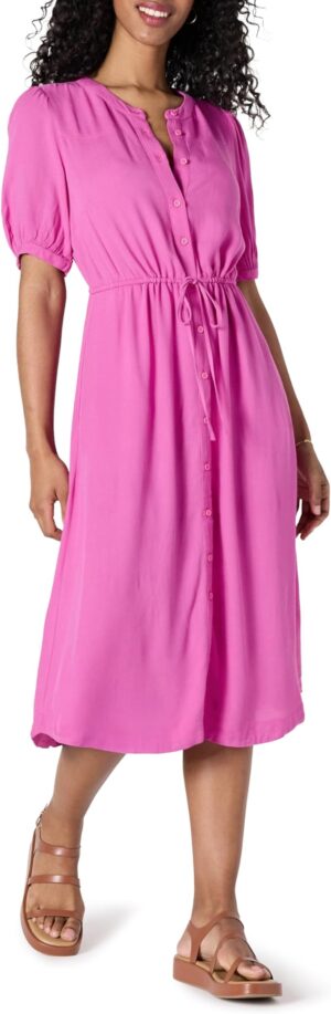 Amazon Essentials Women's Relaxed Fit Half-Sleeve Breathable Button Front Drawstring Waist Midi A-Line Dress with Pockets