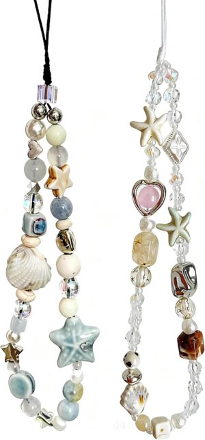 2 Pcs Phone Charm Strap Universal Hand Phone Wrist Strap Camera Lanyard Pearl Beaded Cute Chain String Accessories Universal for iPhone 16 Pro Max Samsung Women Girls Phones Bag Keychain Beach Style