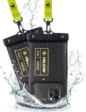 Pelican 2 Pack Marine Waterproof Phone Pouch (Regular) -Black/Hi-Vis Yellow Touchscreen IP68 Floating Waterproof Phone Case w/Detachable Lanyard - Fits All Phones - Beach Cruise Ship Travel Essentials