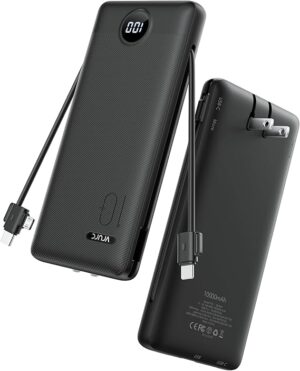 VRURC 10000mAh 22.5W Portable Charger, AC Plug & Built-in Cables,Black Slim battery pack ,PD 20W fast charging, for business travel,compatible with iPhone & Samsung