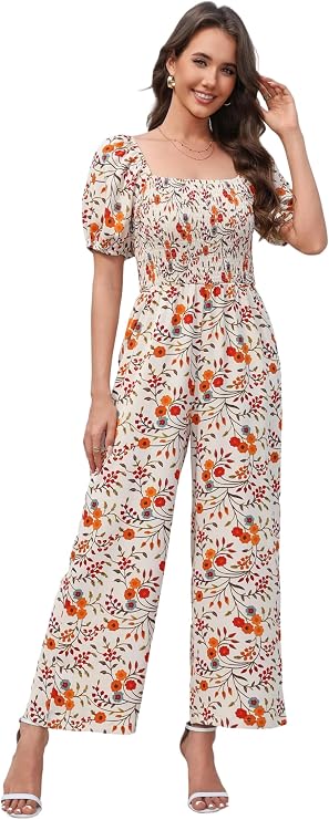 Jumpsuits for Women Fall Dressy Casual Floral Rompers Wide Leg One Piece Outfits for Wedding Guest, Vacation, Cruise, Resort, Beach, Garden Party, Brunch, Travel & Date Night
