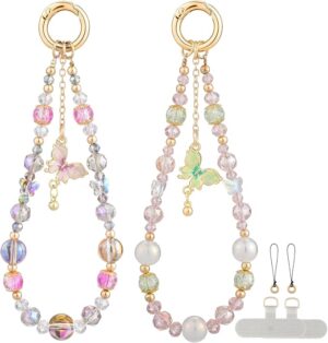 Phone Charms 2 Pack, Purple Pink Beaded Wrist Strap For Phone Iridescent Beads, Gold-Tone Ring, Easy Attach To Cases, Keys Or Bags, Cute Y2K Style, Giftable 2-Piece Set