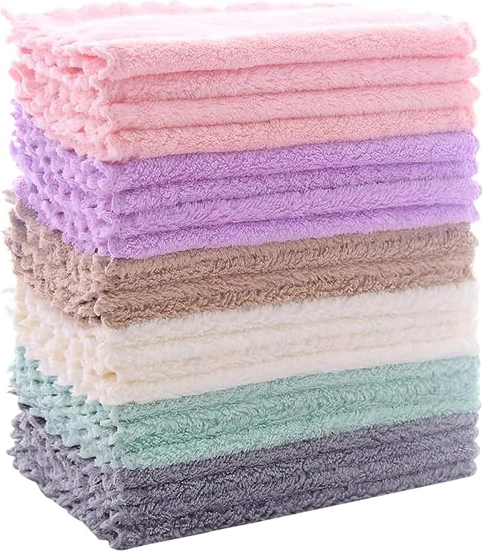24 Pack Kitchen Dishcloths - Does Not Shed Fluff - Reusable Dish Towels, Dish cloths, Super Absorbent Coral Fleece Cleaning Cloths, Nonstick Oil Washable Fast Drying, 7 x 9 Inch (Multicolor) | Reusable Coral Fleece Cloths Washable Fast Drying and Easy to Clean for Dishwashing Kitchen Counters and Everyday Wiping