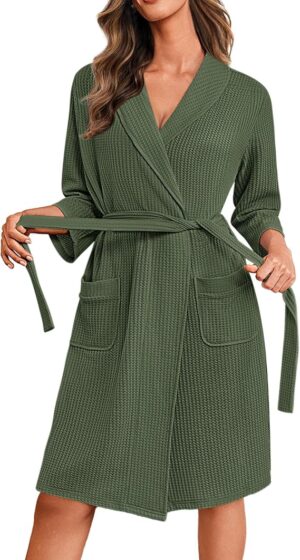 Ekouaer Robes for Women Waffle Knit Kimono Bathrobe Loungewear with Pockets Knee Length Maternity Robe, Lightweight Soft Comfy Fabric, Floral Print Ladies House Coat