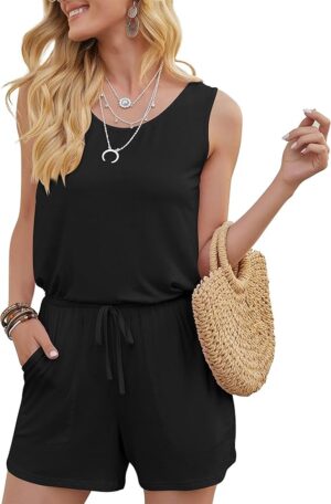 Womens Summer Casual Sleeveless Loose Jumpsuits Romper with Pockets Shorts Jumpers One Piece Rompers Elastic Waist Beach Outfits