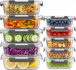 Dealusy 10 Sets 36 oz & 12 oz Glass Food Storage Containers with lids, Gray 20-Piece Airtight Leak-proof Glass Meal Prep Containers with Lids, Microwave Oven Freezer Dishwasher Safe