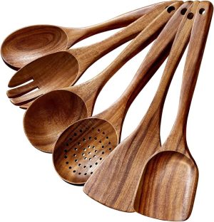6-Piece Natural Teak Wooden Utensils Set, Wooden Spoons Set for Cooking - Heat Resistant, Natural Healthy Spatula Set with Hanging Holes - Durable, Scratch-Free & Handcrafted