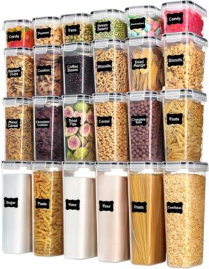 Vtopmart Airtight Food Storage Containers with Lids, 24 pcs, Black For Cereal Pasta Snack Flour Sugar, BPA Free, Airtight Seal, Multiple Sizes, Dishwasher Safe (Not Lids), Includes 24 Labels