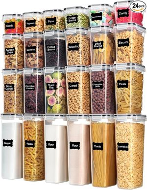 Vtopmart Airtight Food Storage Containers with Lids, 24 pcs, Black | For Cereal Pasta Snack Flour Sugar, BPA Free, Airtight Seal, Multiple Sizes, Dishwasher Safe (Not Lids), Includes 24 Labels