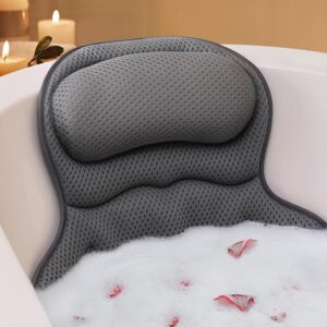 Bath Pillows for Tub, Luxury Bathtub Pillow for Head and Neck Support, Gray Soft 4D Mesh, Padded Headrest, 6 Non-slip Suction Cups, Quick-drying, Machine Washable, Wash Bag Included, Bath Accessories