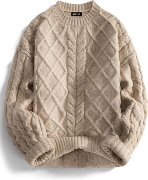 Vamtac Vintage Cable Knit Sweater Crewneck Pullover 2026 Fall Winter Chunky Knit Texture, Cozy Oversized Jumper, Long Sleeve, Ribbed Cuffs/Hem, Warm, Winter Layering for Men/Women, Casual Daily