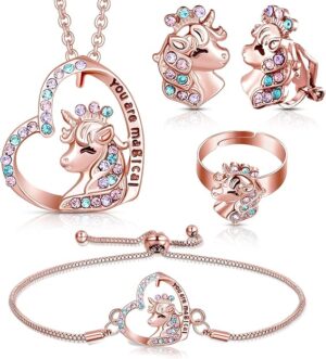 4 Pcs Girl Unicorn Axolotl Jewelry Set Necklace Bracelet Ring Clip on Earrings, Crystal Little Girls Jewelry, Dress up Pendant Gifts for Toddler Birthday Party
