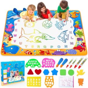 Water Doodle Mat - Kids Color Painting Toy, Gift Set for Toddlers 2-7 Great Educational Water Doodle Mat - Toddler Painting Toy Gift with Fun Stencils, Magic Pens & Drawing Templates for Kids