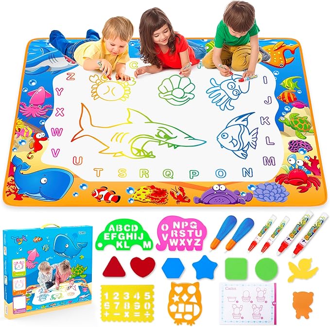 Water Doodle Mat - Kids Color Painting Toy, Gift Set for Toddlers 2-7 Great Educational Water Doodle Mat - Toddler Painting Toy Gift with Fun Stencils, Magic Pens & Drawing Templates for Kids