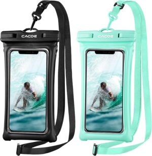 CACOE Floatable Waterproof Phone Pouch 2 Pack Up to 7.0",Black+Green Floatable, IPX8 Waterproof Phone Case,Adjustable Lanyard,Dry Bags for Beach/Cruise/Travel/Camping/Kayak/Vacation Essentials