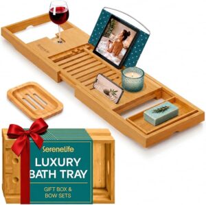 SereneLife Premium Bathtub Tray Caddy, Expandable Bath Tray, Unique House Warming Gifts, Gift for Mom, Women, New Home, Wedding, Anniversary, Bridal Shower, Universal Fit for All Tub -Natural, GiftSet