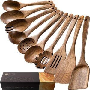 Wooden Spoons for Cooking, 10-Piece Acacia Wood Cooking Utensil Set Spoons and spatulas stir, mix, flip and serve; balanced handles offer control while staying gentle on nonstick cookware.