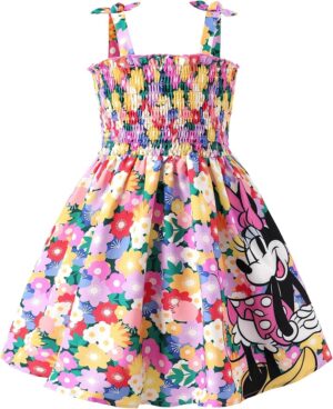 Disney Princess Frozen Elsa Minnie Stitch Toddler Girl Dress Bow Tie Straps Smocked Summer Outfit Birthday Party Clothes 2-9Y