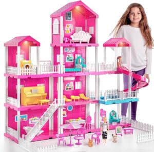 Pink Villa Playset for Girls Ages 3-7, 4-Story 10-Room House with 2 Dolls and Lights, Furniture & Accessories, Pretend Girl Toy, Birthday Gifts for Kids 3-8