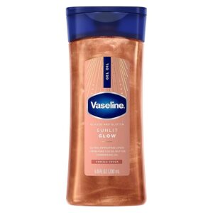 Vaseline Glazed and Glisten Sunlit Glow Body Gel Oil Shimmering 6.8oz 1ct For glowing skin with peachy shimmer, moisturizes with 100% Pure Cocoa Butter, non-greasy feel & Vanilla cocoa scent