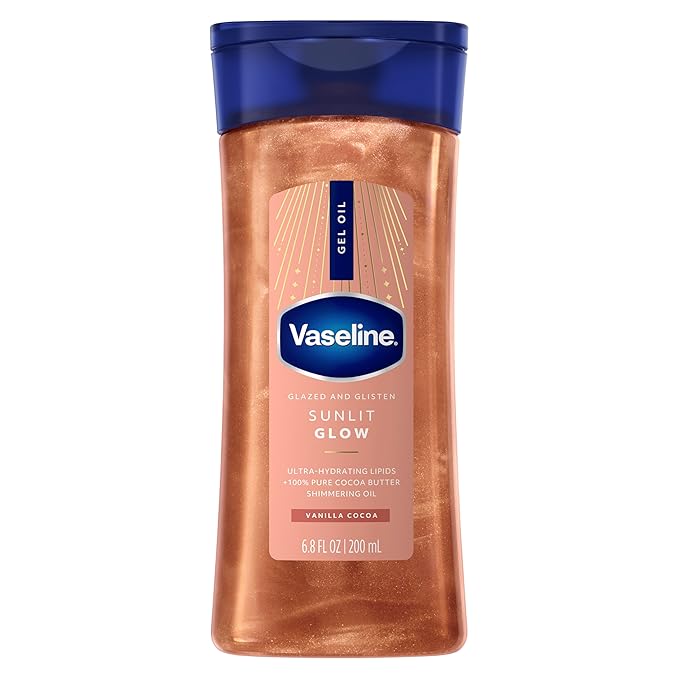 Vaseline Glazed and Glisten Sunlit Glow Body Gel Oil Shimmering 6.8oz 1ct For glowing skin with peachy shimmer, moisturizes with 100% Pure Cocoa Butter, non-greasy feel & Vanilla cocoa scent