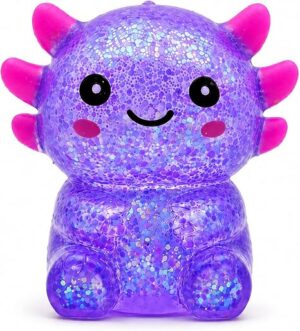 Axolotl Squishy Stress Relief Toy for Kids & Adults, Cute Glitter Sensory Fidget Toy, Soft Squeeze Toy for Anxiety Relief, Birthday Party Favor Gift (Purple)