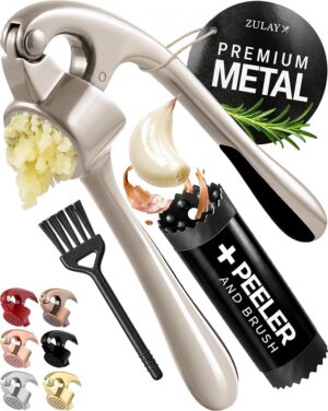 Zulay Kitchen Premium Garlic Press Set - Rust Proof Professional Garlic Mincer Tool - Easy-Squeeze, Easy-Clean with Soft, Ergonomic Handle - Silicone Garlic Peeler & Brush (Silver)