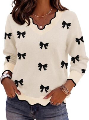 Zeagoo Women's 2026 Fall V Neck Sweater Long Sleeve Lightweight Knit Tops Cute V Neck Sweaters, Ribbed Knit Loose Fit Tops, Trendy Fashion Spring Fall Clothing, Business Casual Outfits