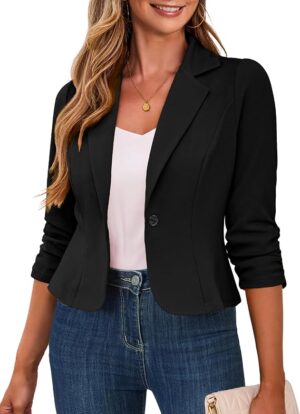 Traleubie Women's Cropped Blazer 3/4 Ruched Sleeve Business Casual