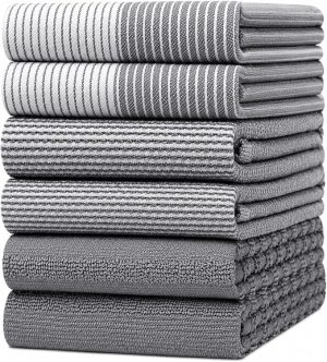 Premium Kitchen Towels 6 Pack 100% Cotton, 20"x28" Dish Towels - Grey | Large Flat & Terry Kitchen Linen Set with Hanging Loops, Highly Absorbent for Washing and Drying Dishes