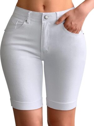 roswear Womens Mid Rise Roll Cuff Bermuda Stretch Denim Jean Shorts