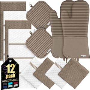 Oven Mitts Kitchen Towels and Dishcloths with Pot Holders Sets, Oven Gloves Hot Pads 500°F Heat Resistant with Silicone Grip, Include 2 Cooking Gloves/2 Potholders/4 Kitchen Towels/4 Dish Towels